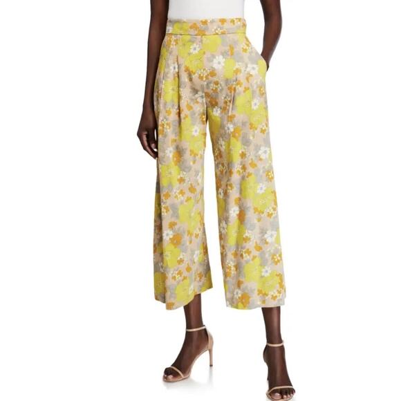 Veronica Beard Leonor Yellow Floral Print Wide Leg Cropped Linen Pants Size 6 - Picture 2 of 6